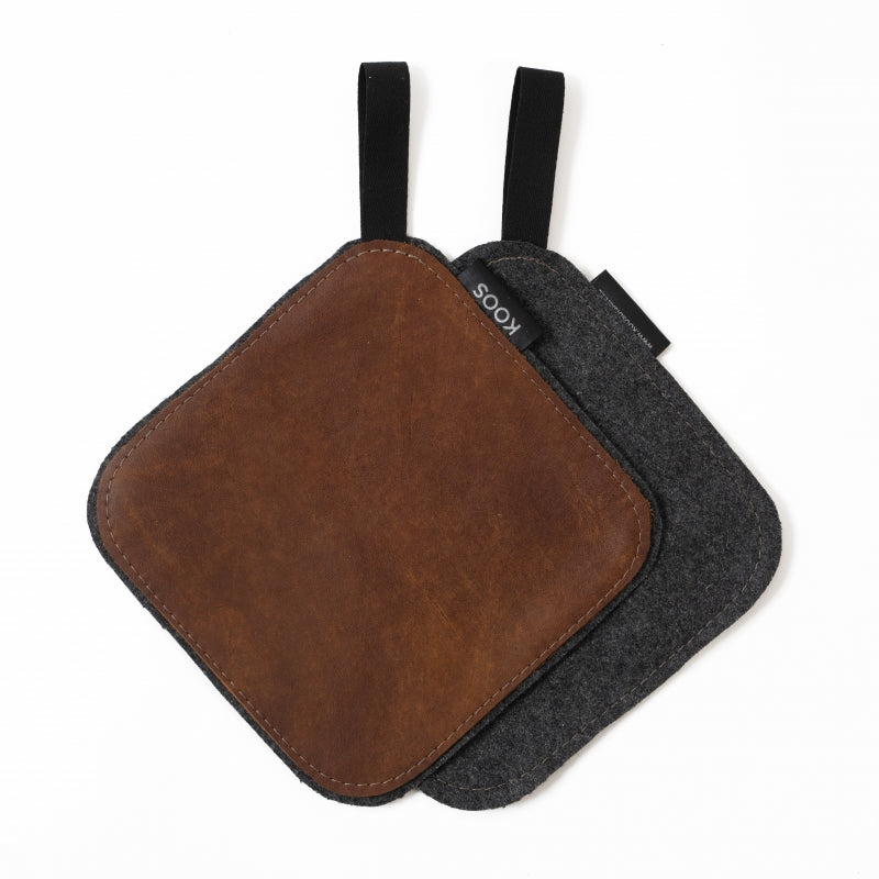 Brown leather and grey felt pot holders on a white background