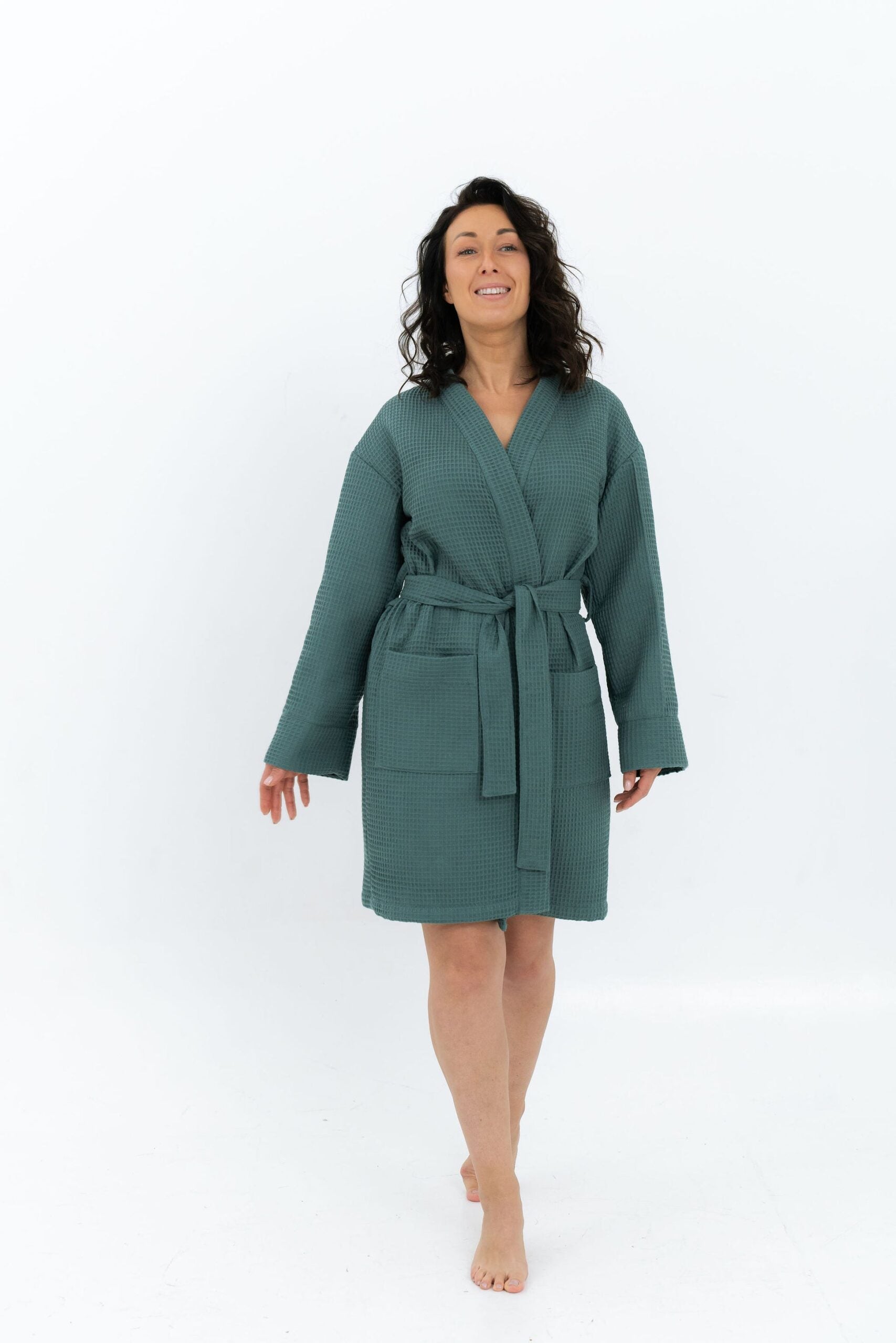 Handmade Short Waffle Fabric Bathrobe for Women - Cotton