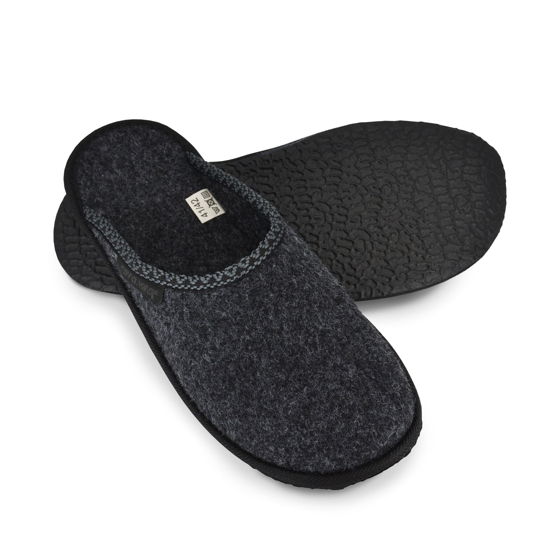 Black natural felt slippers with a thin rubber outsole