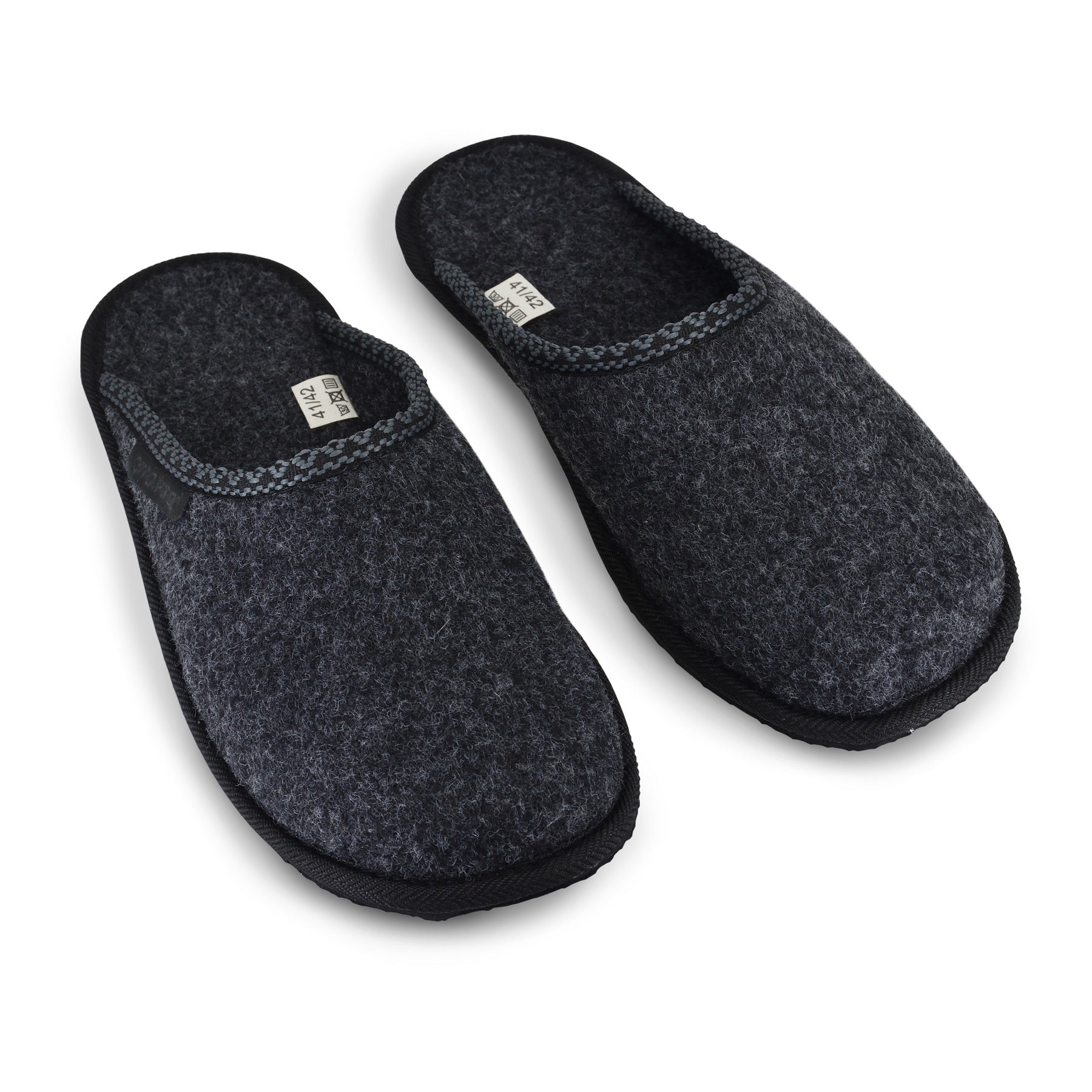 Black natural felt slippers with a thin rubber outsole