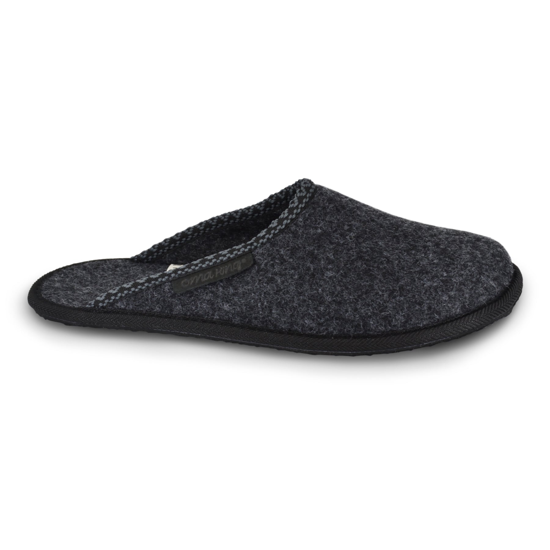 Black natural felt slippers with a thin rubber outsole