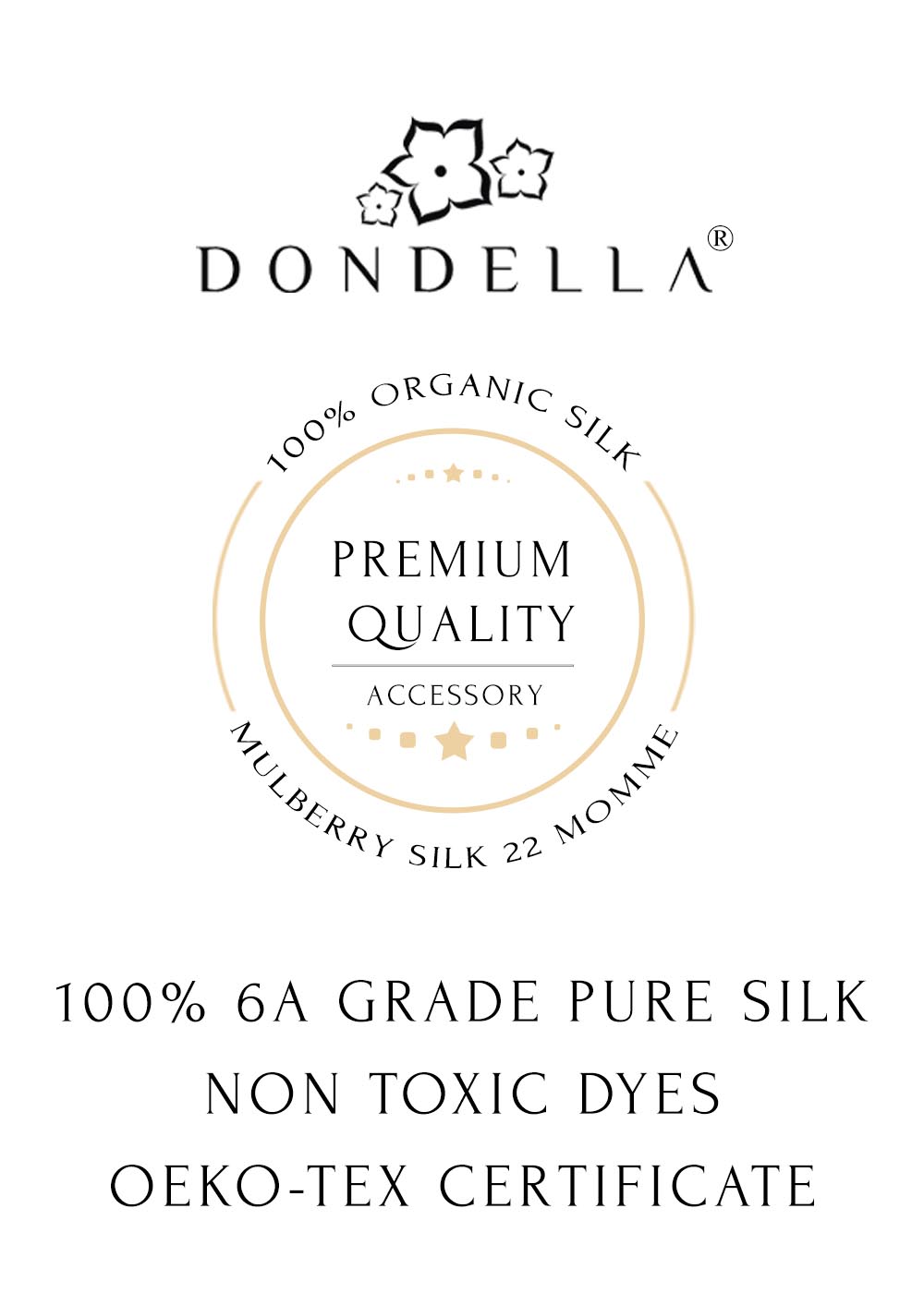 Dondella premium organic Mulberry silk certification graphic showing 6A grade 22 momme silk and OEKO-TEX certification