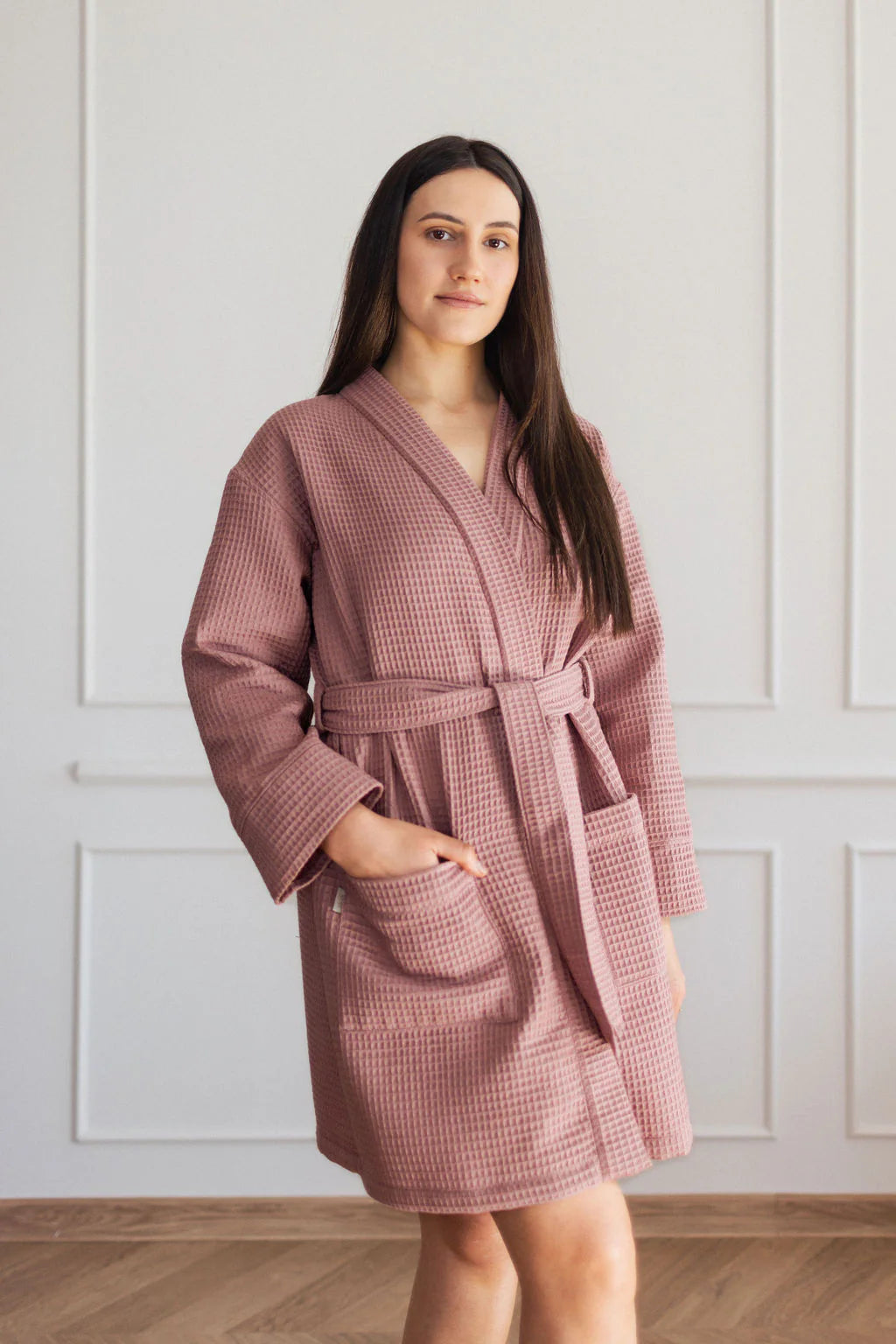 Handmade Short Waffle Fabric Bathrobe for Women - Cotton