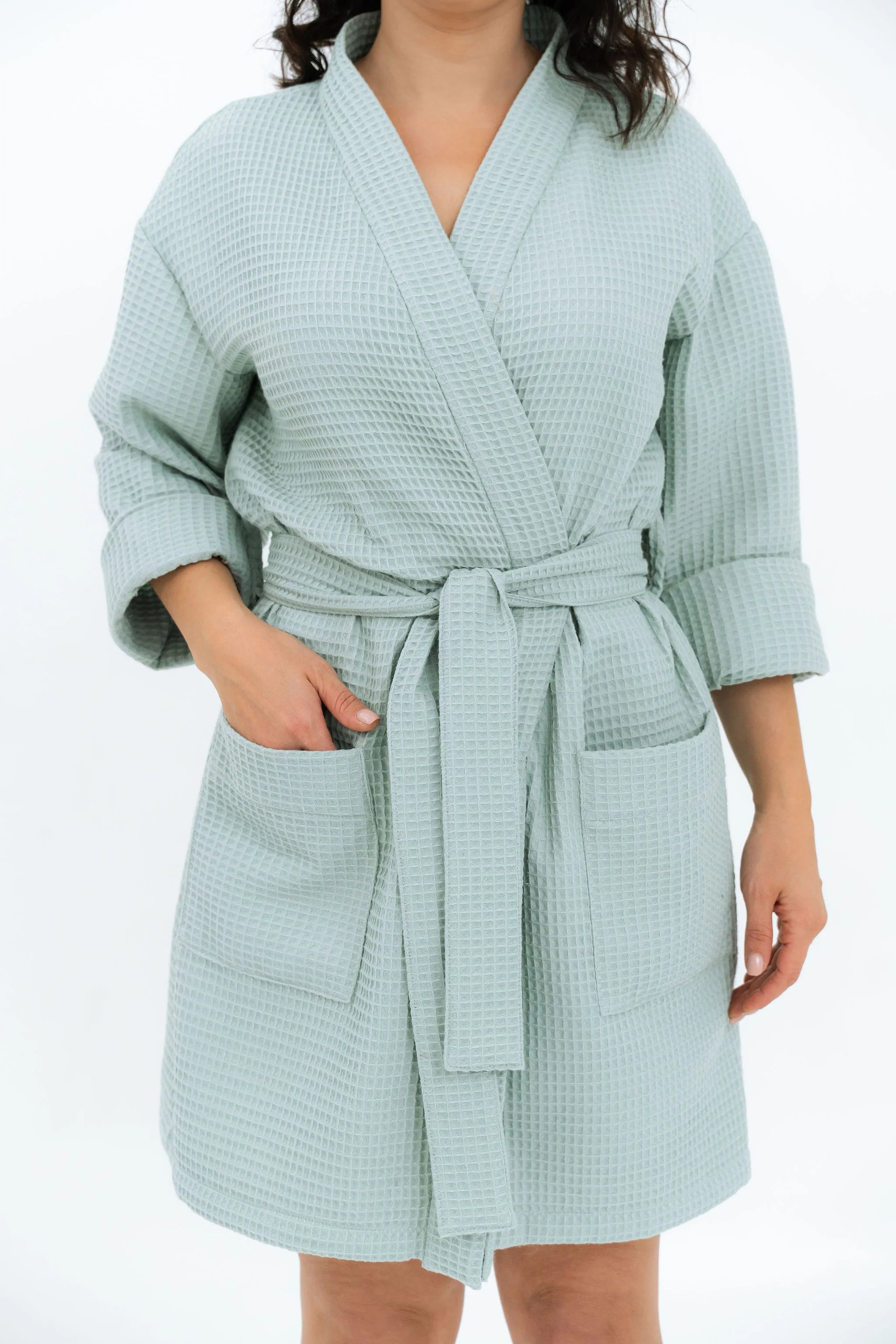 Handmade Short Waffle Fabric Bathrobe for Women - Cotton