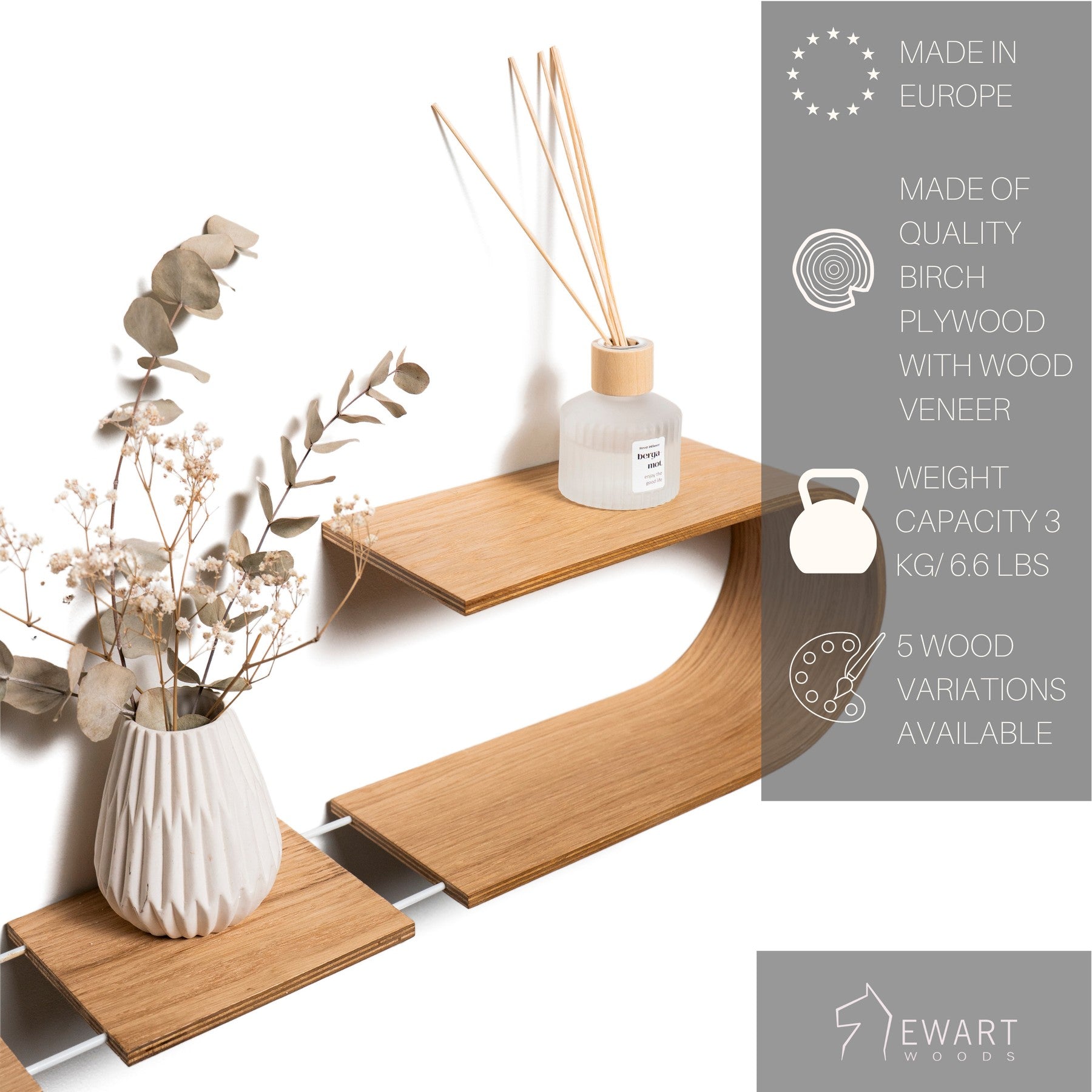 Luno Floating Wooden Wall Shelf handcrafted in Europe from birch plywood