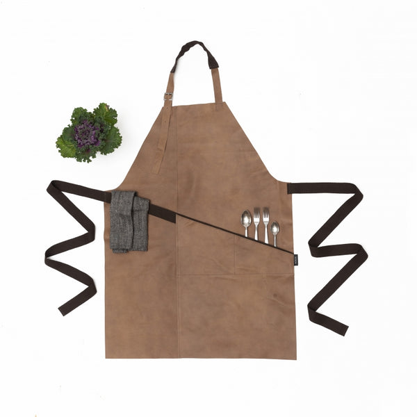 Beige leather apron with front pocket and towel loop
