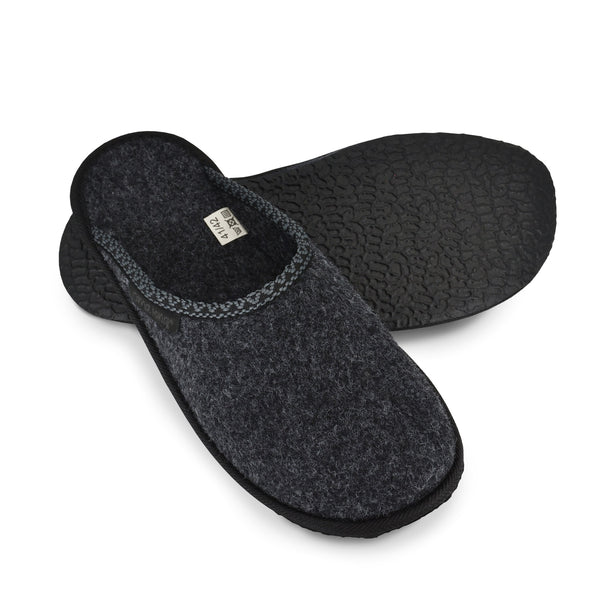 Black natural felt slippers with a thin rubber outsole
