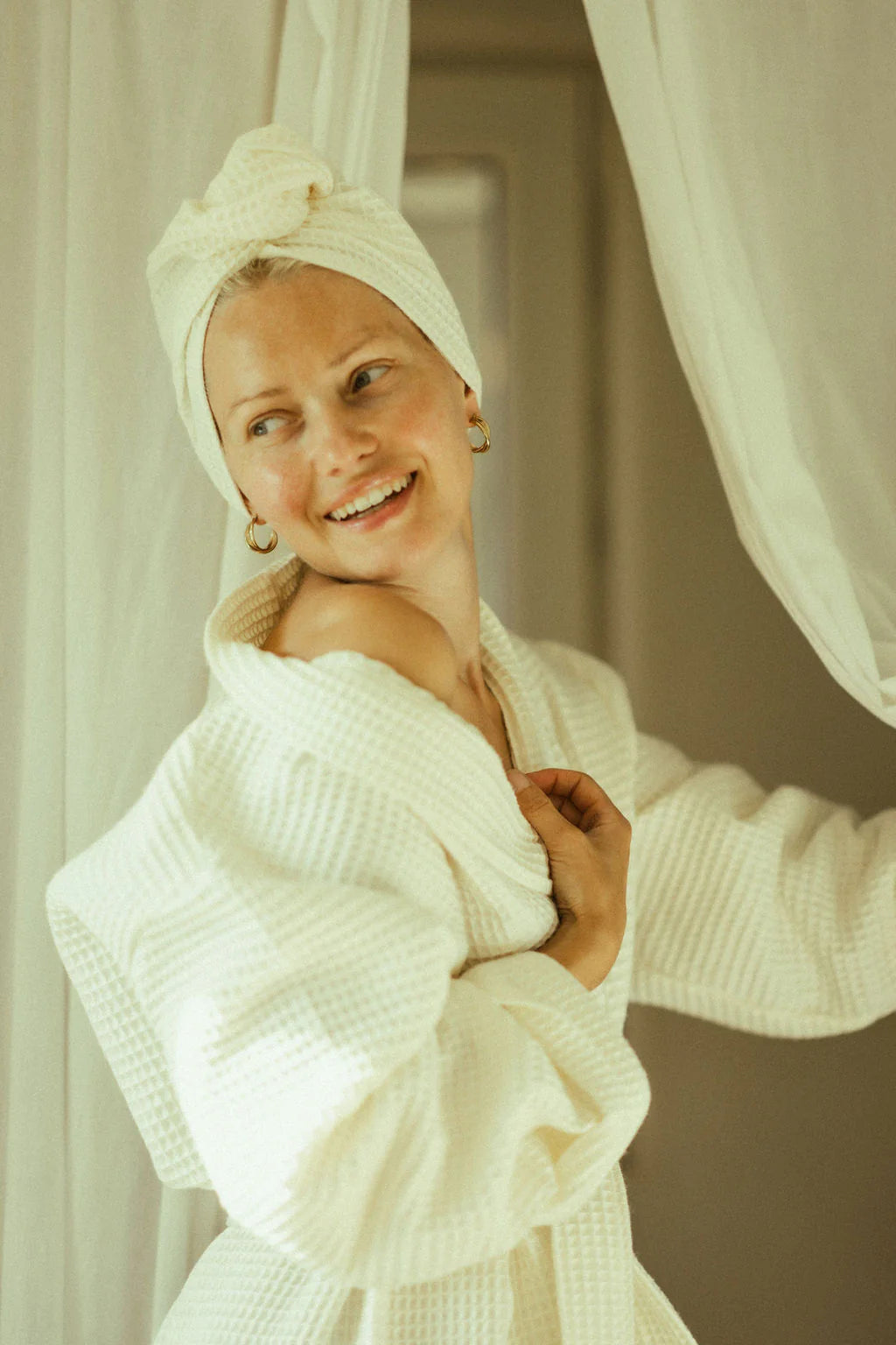 Handmade Short Waffle Fabric Bathrobe for Women - Cotton