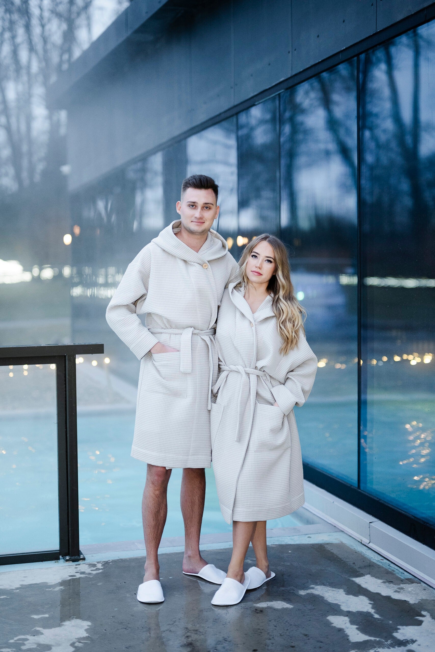 Handmade Unisex Waffle Cotton Robe with Hood - Light grey
