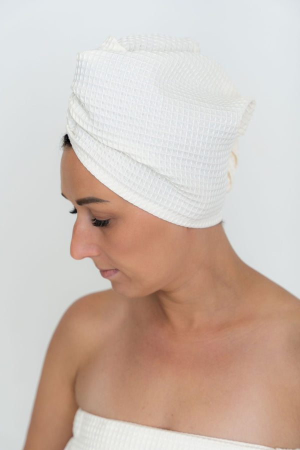 Cotton Waffle Hair Towel Turban with Button Closure