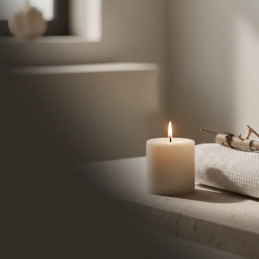 A lit white pillar candle sits on a stone ledge next to a textured cream cloth and a small branch, in a softly lit interior setting.