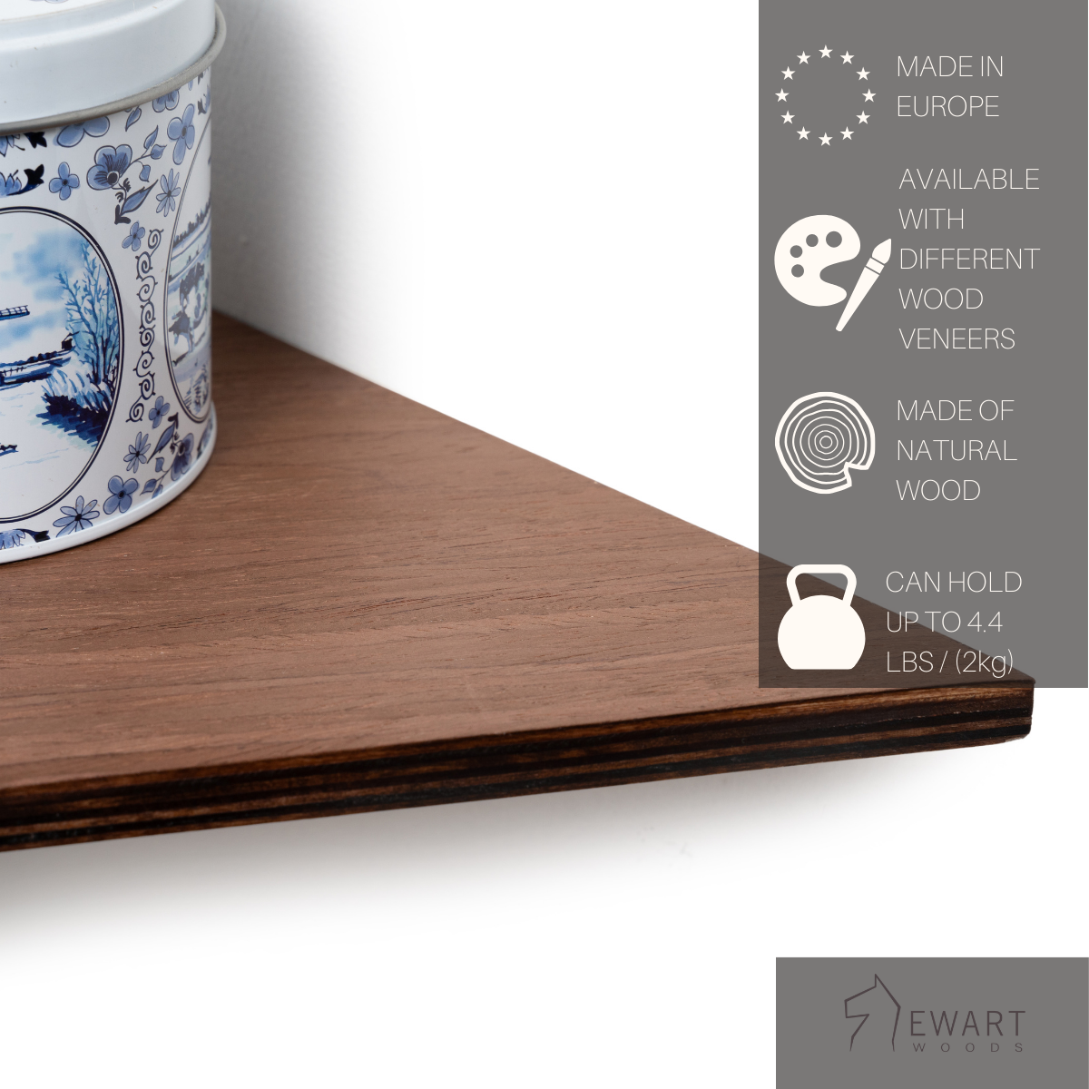 Wooden Corner Shelf handcrafted in Europe from birch plywood information