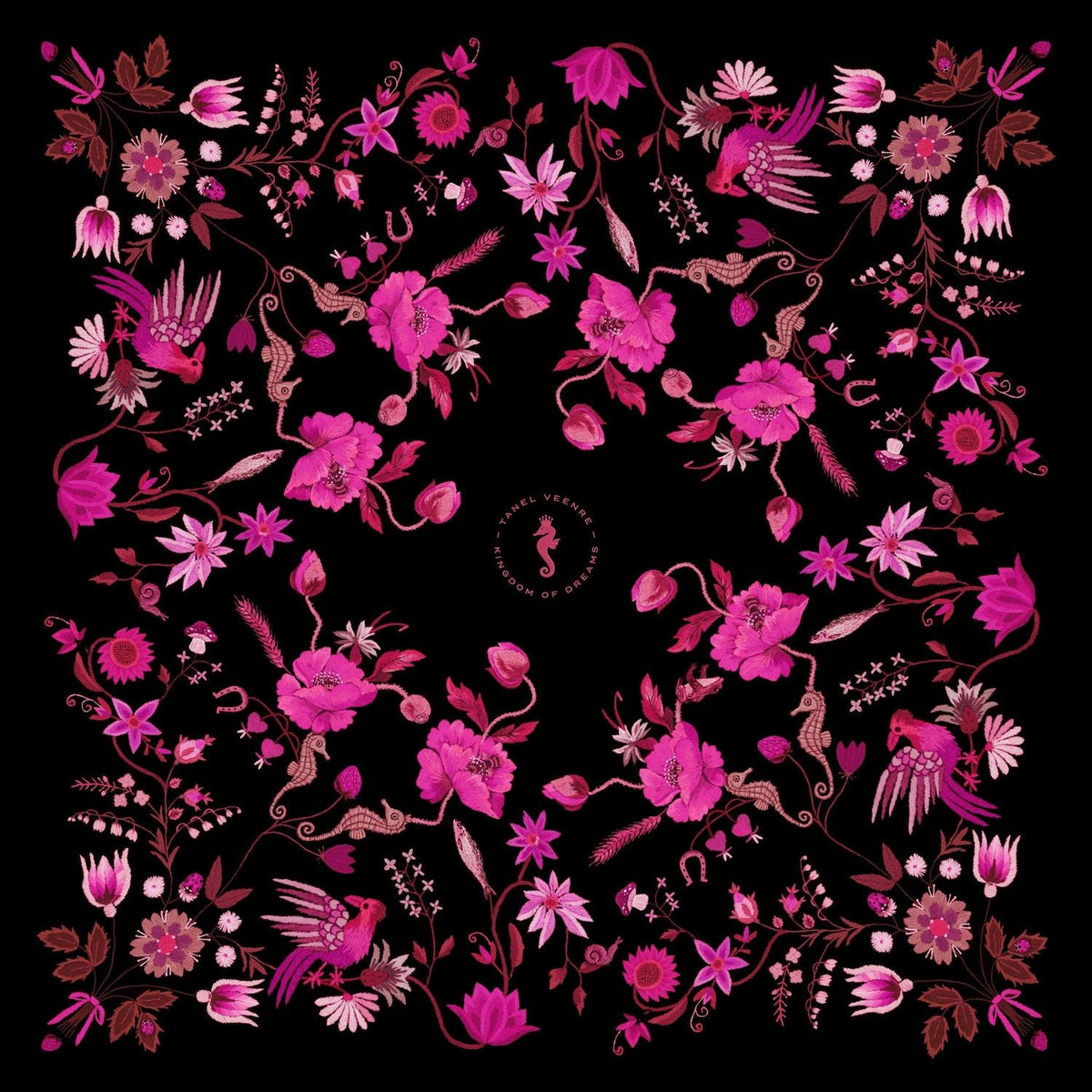 Unimoon Silk Scarf 63 × 63 cm – Black and Pink Floral